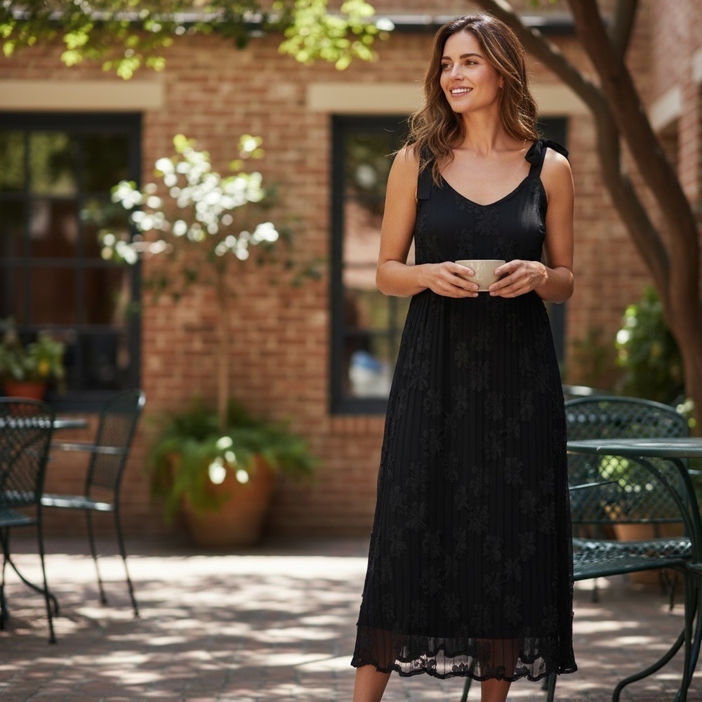 En Saison Reese Floral Appliqué Crochet Maxi Dress Black S